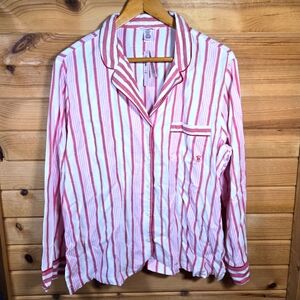 Victoria's Secret Cotton Modal Pajama Top Button Long Sleeve Pink Red Stripe NWT